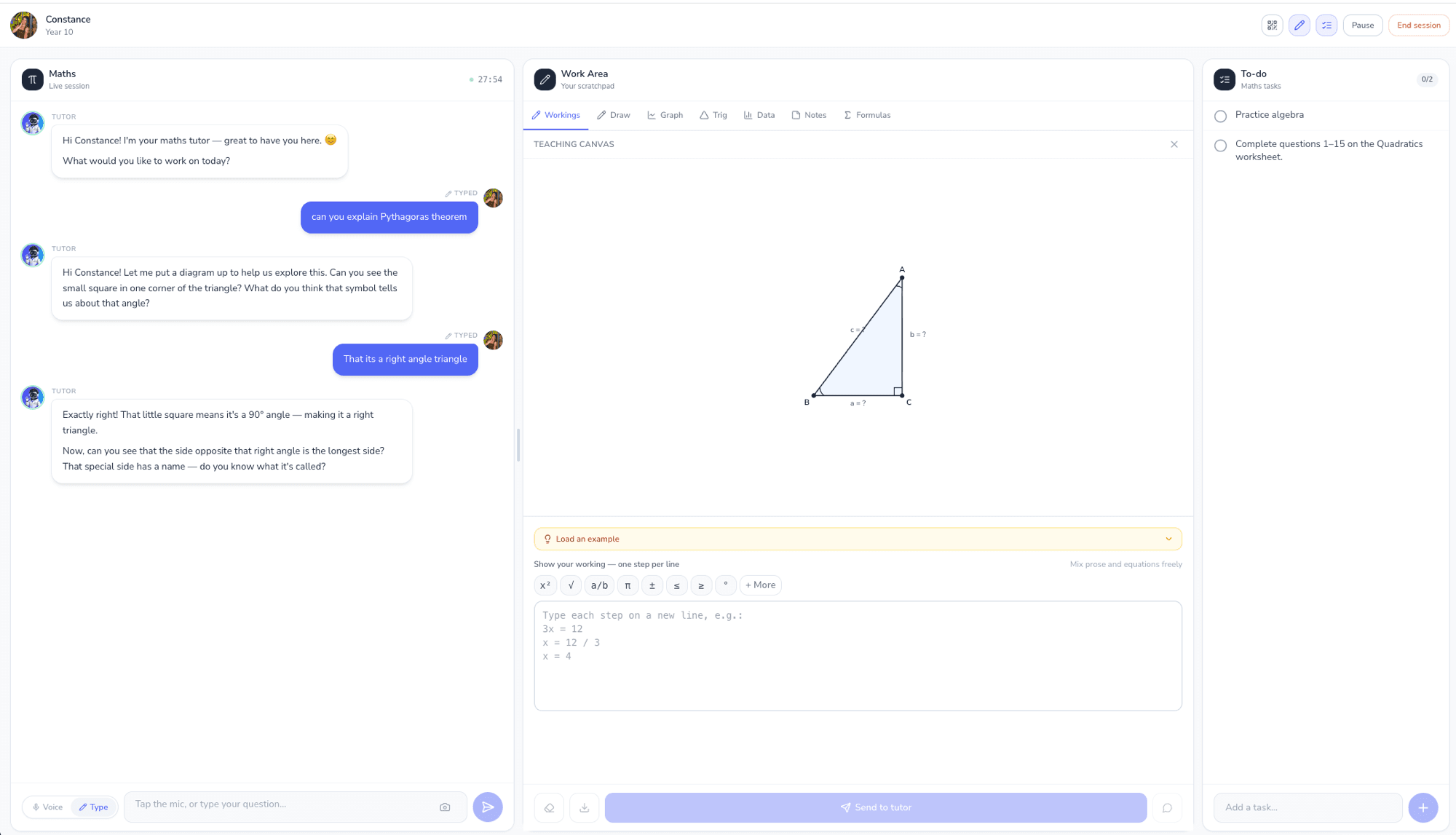 Student tutoring session showing a Socratic conversation about Pythagoras theorem, a teaching canvas with a triangle diagram, and a maths work area